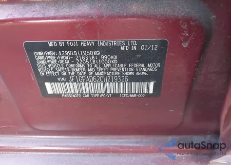 2012 Subaru Impreza 2.0I Premium z USA, uszkodzony, nr VIN JF1GPAD62CH219326